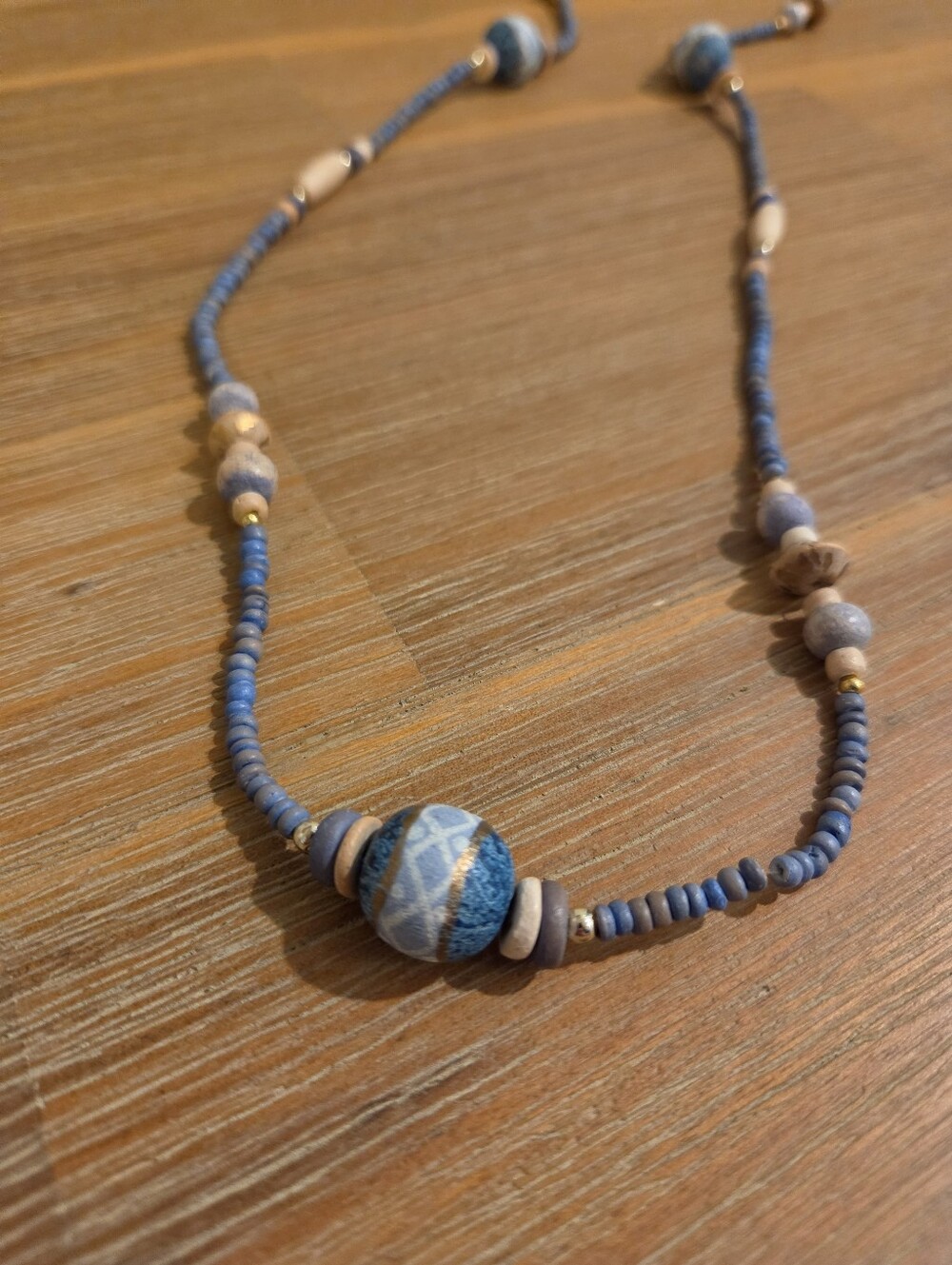 Wood Bead Necklace Blue And Tan Coastal